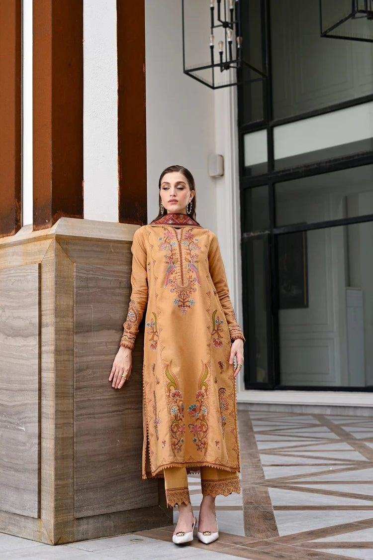 BrandsInn-3PC KARANDI EMBROIDERED SHIRT WITH COUTRAI PRINTED SHAWL AND EMB TROUSER-BI-5284