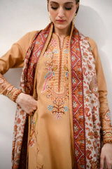 BrandsInn-3PC KARANDI EMBROIDERED SHIRT WITH COUTRAI PRINTED SHAWL AND EMB TROUSER-BI-5284