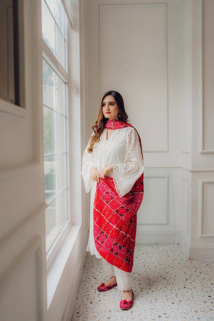 BrandsInn-3PC CHIKANKAARI LAWN EMBROIDERED SHIRT WITH CHUNRI PRINT DUPATTA AND TROUSER-BI-148