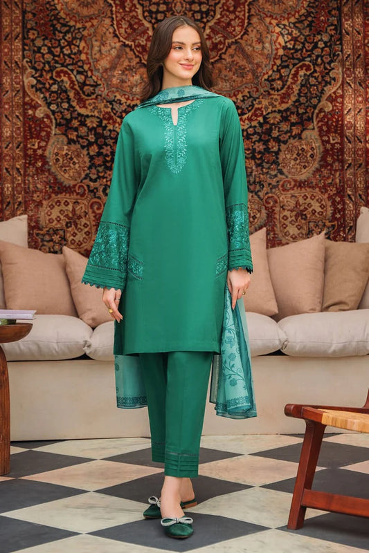 BrandsInn-3PC LAWN EMBROIDERED SHIRT WITH MONARK PRINTED DUPATTA AND TROUSER-BI-177