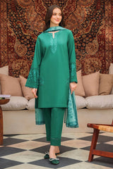 BrandsInn-3PC DHANAK EMBROIDERED SHIRT WITH COUTRAI PRINTED SHAWL AND TROUSER-BI-4150