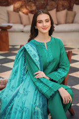 BrandsInn-3PC DHANAK EMBROIDERED SHIRT WITH COUTRAI PRINTED SHAWL AND TROUSER-BI-4150