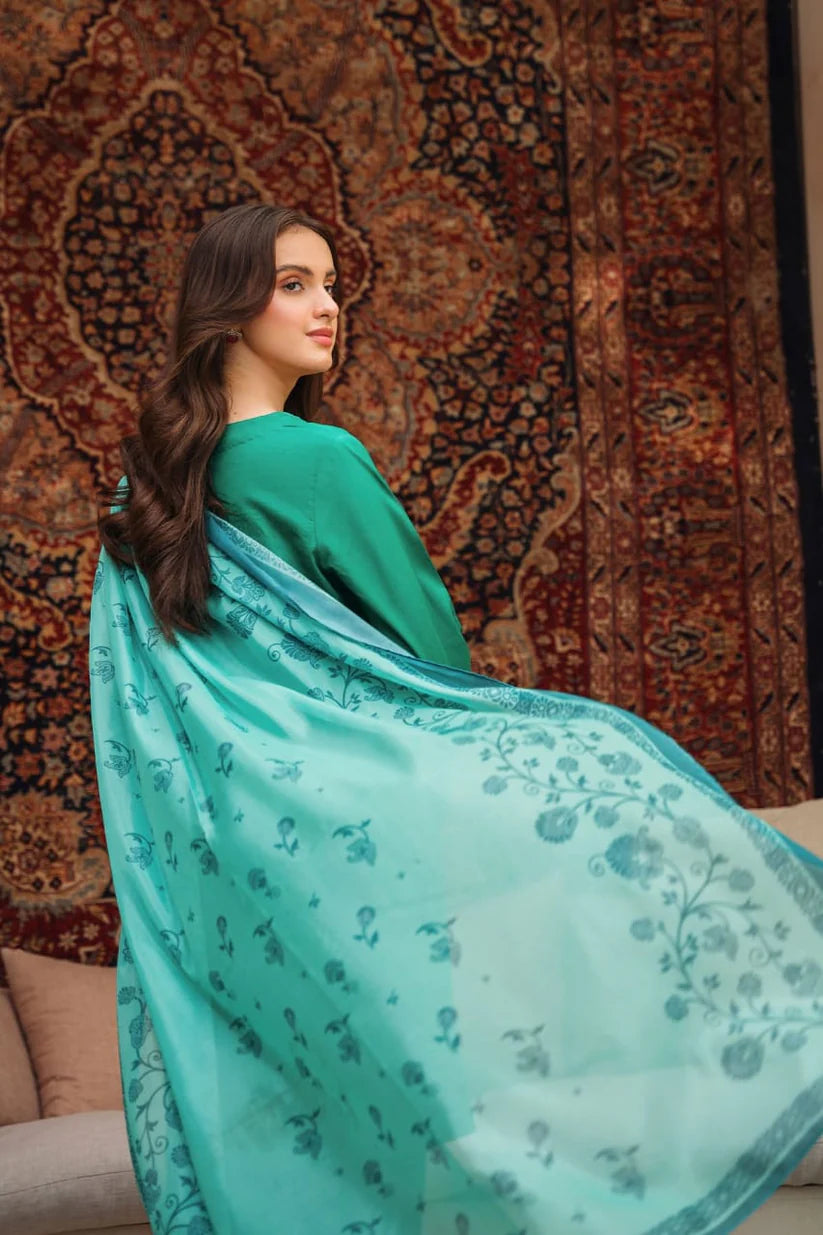 BrandsInn-3PC DHANAK EMBROIDERED SHIRT WITH COUTRAI PRINTED SHAWL AND TROUSER-BI-4150