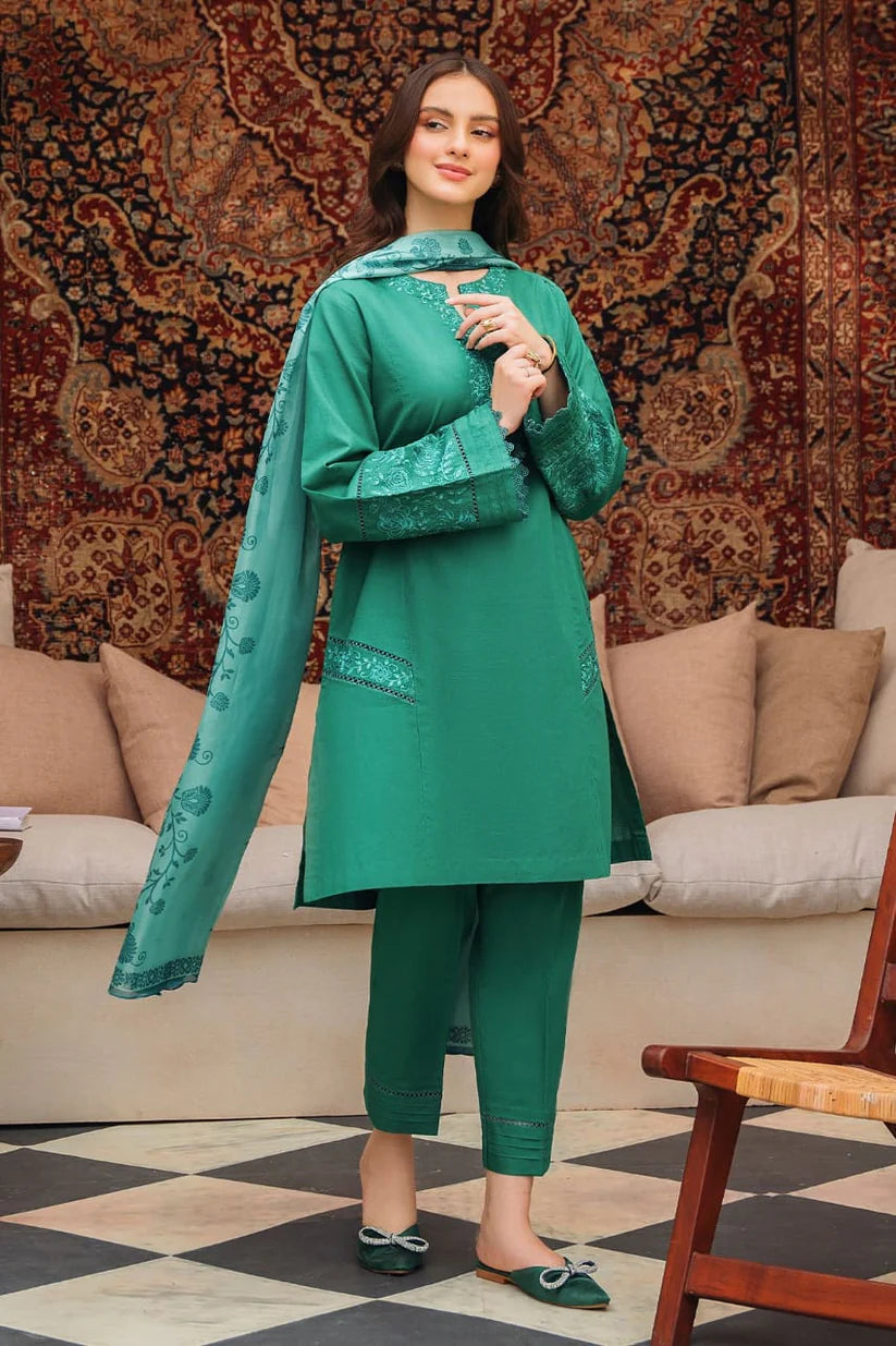 BrandsInn-3PC DHANAK EMBROIDERED SHIRT WITH COUTRAI PRINTED SHAWL AND TROUSER-BI-4150