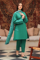 BrandsInn-3PC DHANAK EMBROIDERED SHIRT WITH COUTRAI PRINTED SHAWL AND TROUSER-BI-4150