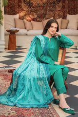 BrandsInn-3PC DHANAK EMBROIDERED SHIRT WITH COUTRAI PRINTED SHAWL AND TROUSER-BI-4150