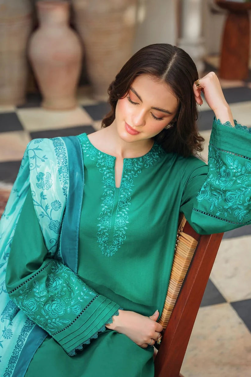 BrandsInn-3PC DHANAK EMBROIDERED SHIRT WITH COUTRAI PRINTED SHAWL AND TROUSER-BI-4150