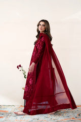 BrandsInn-3PC DHANAK EMBROIDERED SHIRT WITH DHANAK EMBROIDERED SHAWL AND TROUSER-BI-5087
