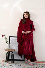 BrandsInn-3PC DHANAK EMBROIDERED SHIRT WITH DHANAK EMBROIDERED SHAWL AND TROUSER-BI-5087