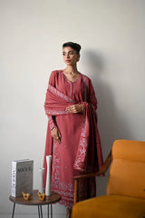 BrandsInn-3PC DHANAK EMBROIDERED SHIRT WITH DHANAK EMBROIDERED SHAWL AND TROUSER-BI-4321