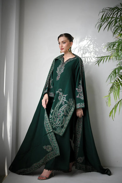 BrandsInn-3PC DHANAK EMBROIDERED SHIRT WITH DHANAK EMBROIDERED SHAWL & TROUSER-BI-4136