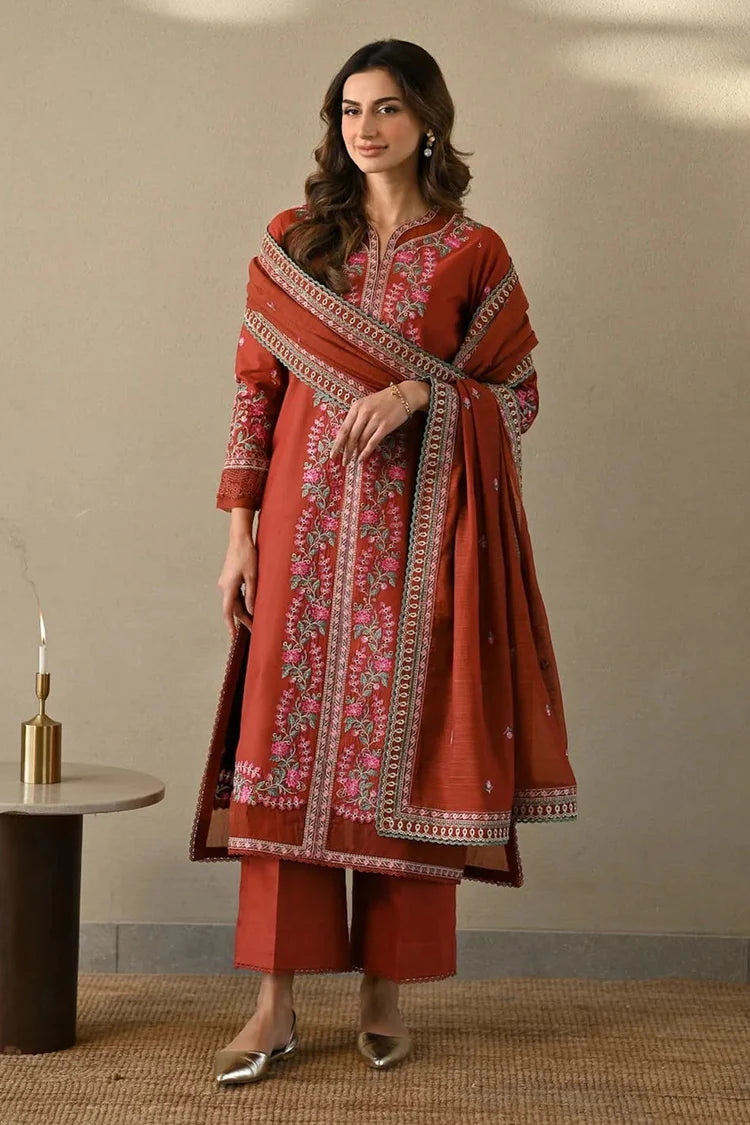 BrandsInn-3PC DHANAK EMBROIDERED SHIRT WITH DHANAK EMBROIDERED SHAWL AND TROUSER-BI-4378