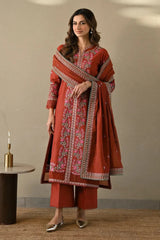 BrandsInn-3PC DHANAK EMBROIDERED SHIRT WITH DHANAK EMBROIDERED SHAWL AND TROUSER-BI-4378