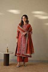 BrandsInn-3PC DHANAK EMBROIDERED SHIRT WITH DHANAK EMBROIDERED SHAWL AND TROUSER-BI-4378