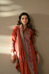 BrandsInn-3PC DHANAK EMBROIDERED SHIRT WITH DHANAK EMBROIDERED SHAWL AND TROUSER-BI-4378