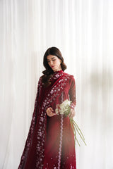 BrandsInn-3PC DHANAK EMBROIDERED SHIRT WITH DHANAK EMBROIDERED SHAWL & TROUSER-BI-4312
