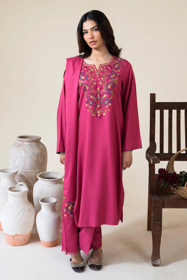BrandsInn-3PC DHANAK EMBROIDERED SHIRT WITH DHANAK EMBROIDERED SHAWL AND TROUSER-BI-4420