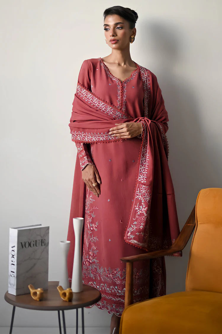 BrandsInn-3PC DHANAK EMBROIDERED SHIRT WITH DHANAK EMBROIDERED SHAWL AND TROUSER-BI-4321