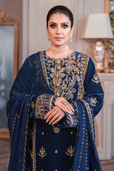 BrandsInn-3PC VELVET EMBROIDERED SHIRT WITH CHIFFON EMBROIDERED DUPATTA & TROUSER-BI-4311