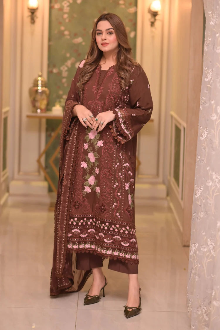 BrandsInn-3PC LAWN CHIKAN EMBROIDERED SHIRT WITH LAWN EMB DUPATTA AND TROUSER-BI-4809