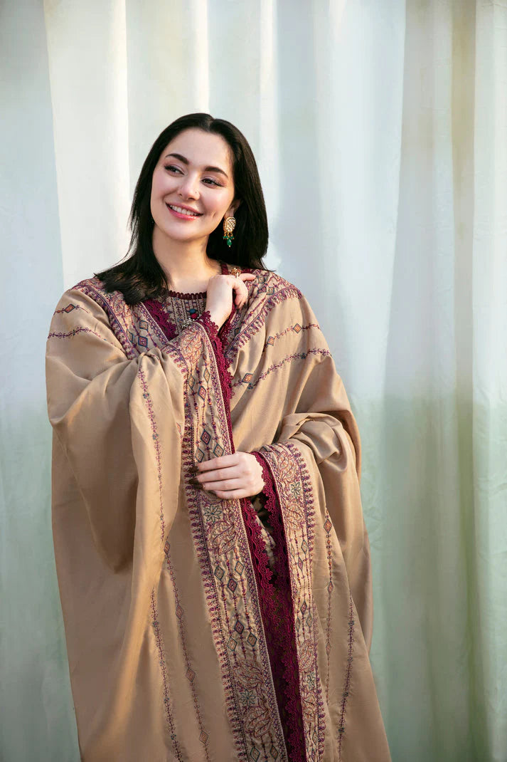 BrandsInn-3PC DHANAK EMBROIDERED SHIRT WITH DHANAK EMBROIDERED SHAWL & TROUSER-BI-4128