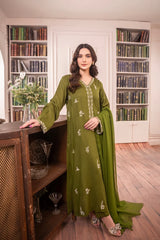 BrandsInn-3PC DHANAK EMBROIDERED SHIRT WITH CHIFFON DUPATTA AND TROUSER-BI-4084