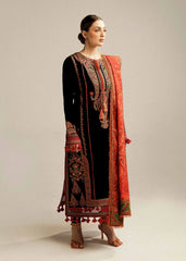 BrandsInn-3PC DHANAK EMBROIDERED SHIRT WITH COURTRAI PRINTED SHAWL AND TROUSER-BI-4343 BLACK