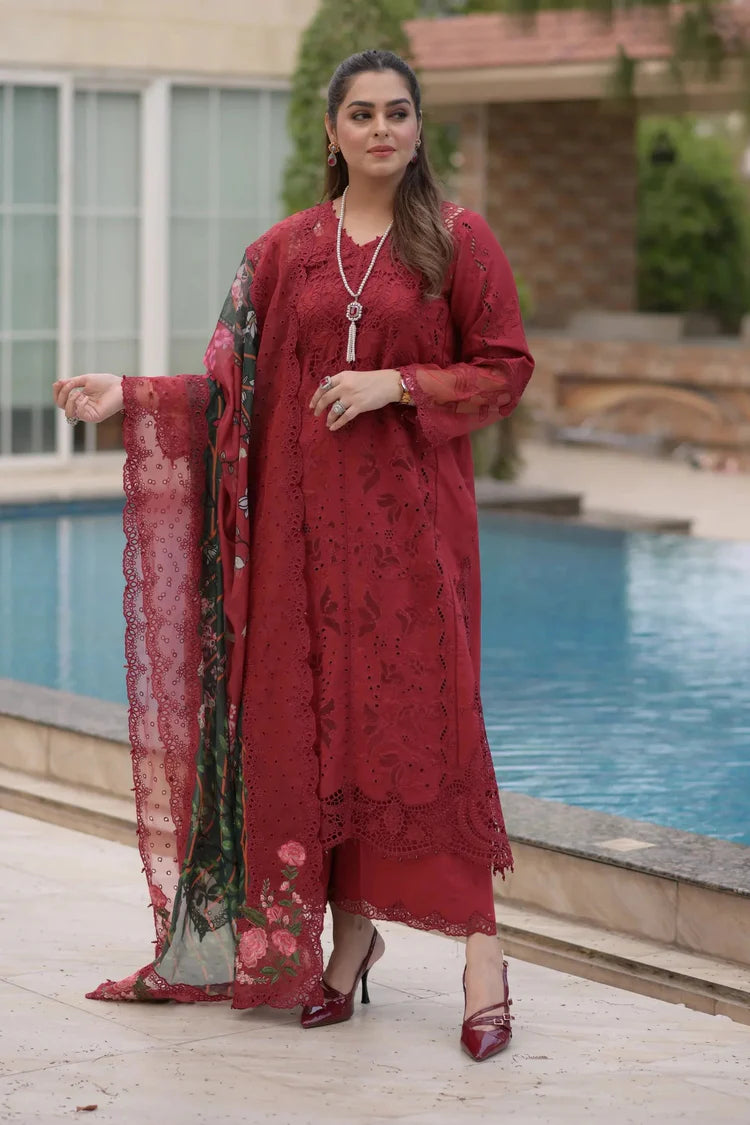 BrandsInn-3PC LAWN CHIKANKARI EMBROIDERED SHIRT WITH CHIFFON PRINTED EMB DUPATTA AND TROUSER-BI-4875