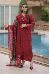 BrandsInn-3PC LAWN CHIKANKARI EMBROIDERED SHIRT WITH CHIFFON PRINTED EMB DUPATTA AND TROUSER-BI-4875