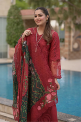 BrandsInn-3PC LAWN CHIKANKARI EMBROIDERED SHIRT WITH CHIFFON PRINTED EMB DUPATTA AND TROUSER-BI-4875