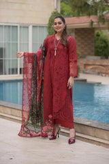 BrandsInn-3PC LAWN CHIKANKARI EMBROIDERED SHIRT WITH CHIFFON PRINTED EMB DUPATTA AND TROUSER-BI-4875