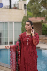 BrandsInn-3PC LAWN CHIKANKARI EMBROIDERED SHIRT WITH CHIFFON PRINTED EMB DUPATTA AND TROUSER-BI-4875