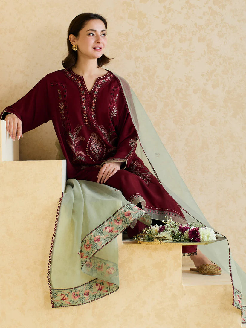 BrandsInn- 3PC LAWN EMBROIDERED SHIRT WITH ORGANZA EMBROIDERED DUPATTA AND TROUSER -BI-426