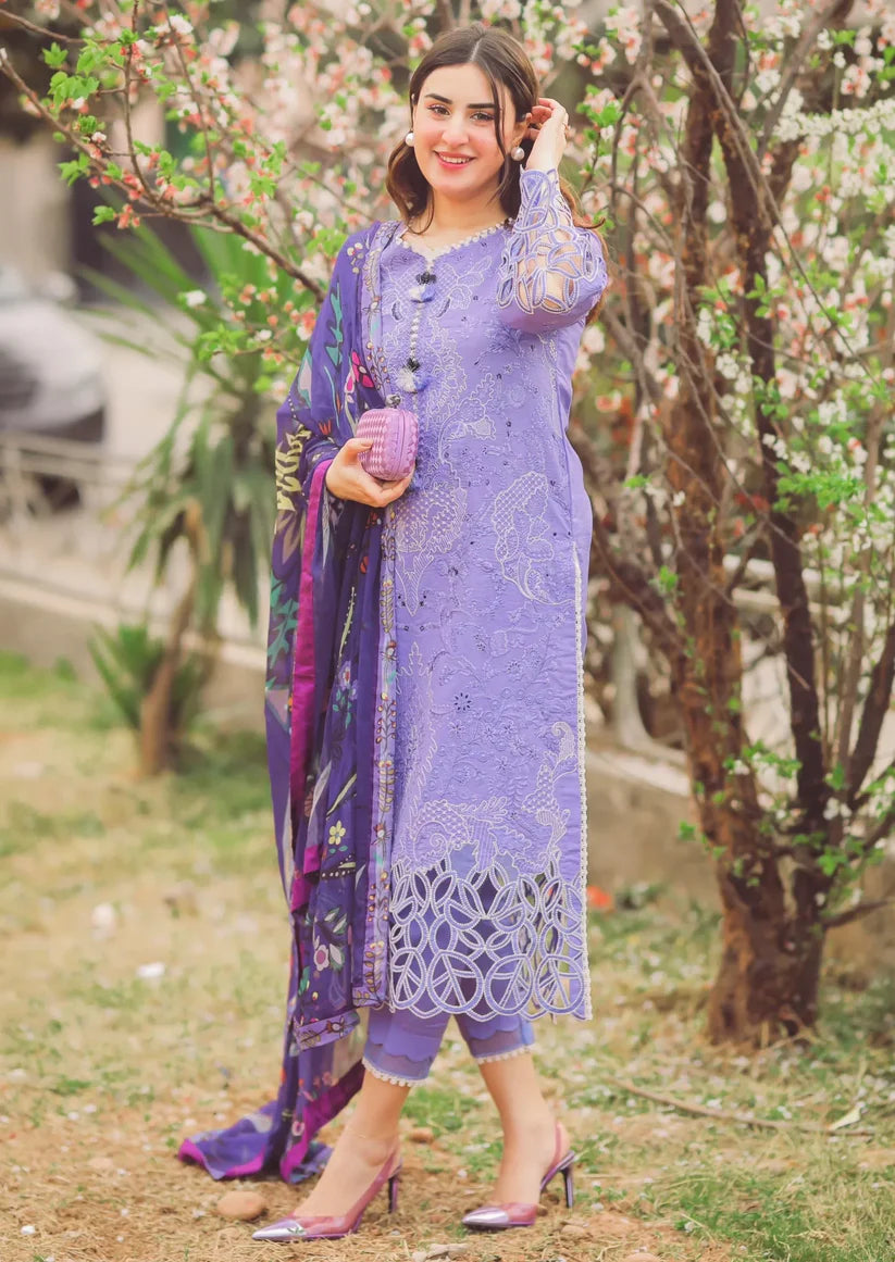 MUSHQ - 3PC DHANAK EMBROIDEREDSHIRT WITH COUTURE PRINTED SHAWL-BI-4107