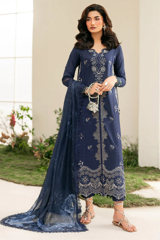 BrandsInn-3PC DHANAK CHIKAN EMBROIDERED SHIRT WITH COURTRAI PRINTED SHAWL AND EMB TROUSER-BI-4132