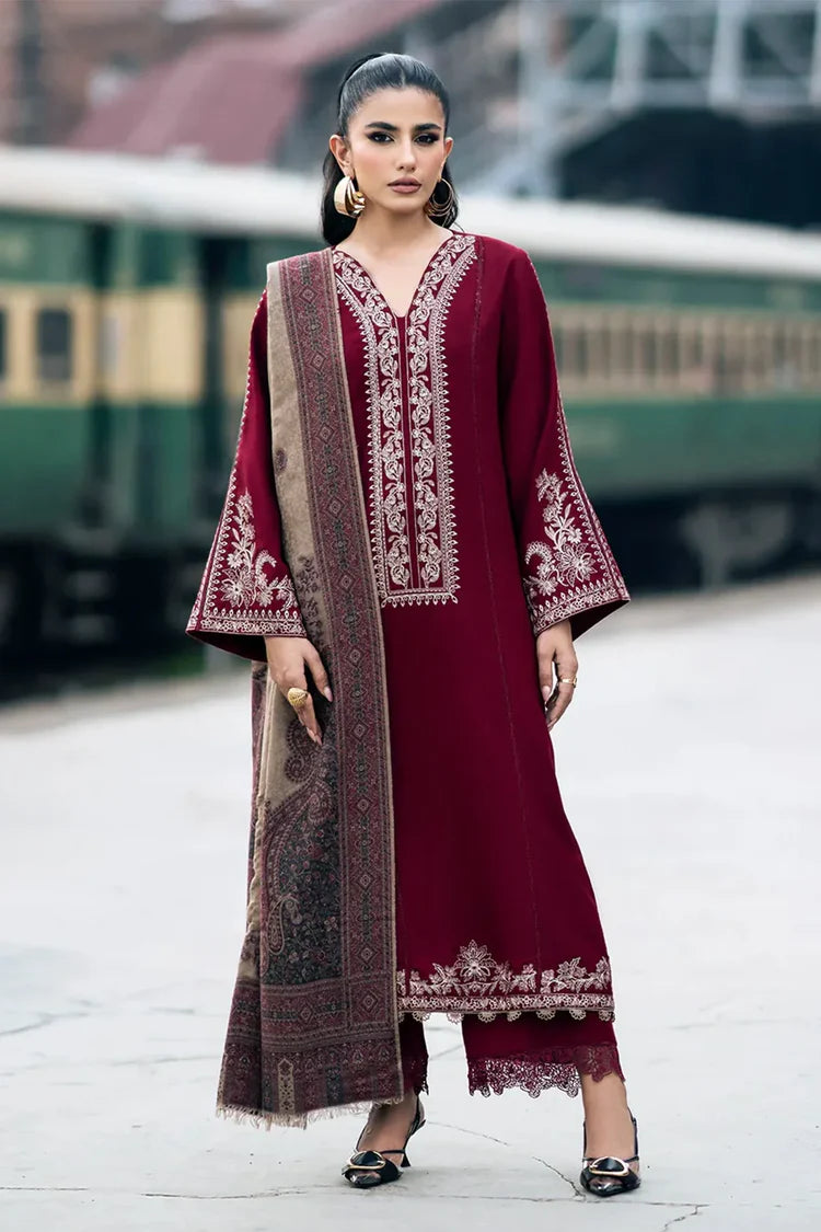 BrandsInn-3PC DHANAK EMBROIDERED SHIRT WITH COUTRAI PRINTED SHAWL AND TROUSER-BI-4127