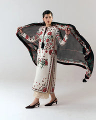 BrandsInn-3PC DHANAK EMBROIDERED SHIRT WITH WOOL PRINTED SHAWL AND EMB TROUSER-BI-5244