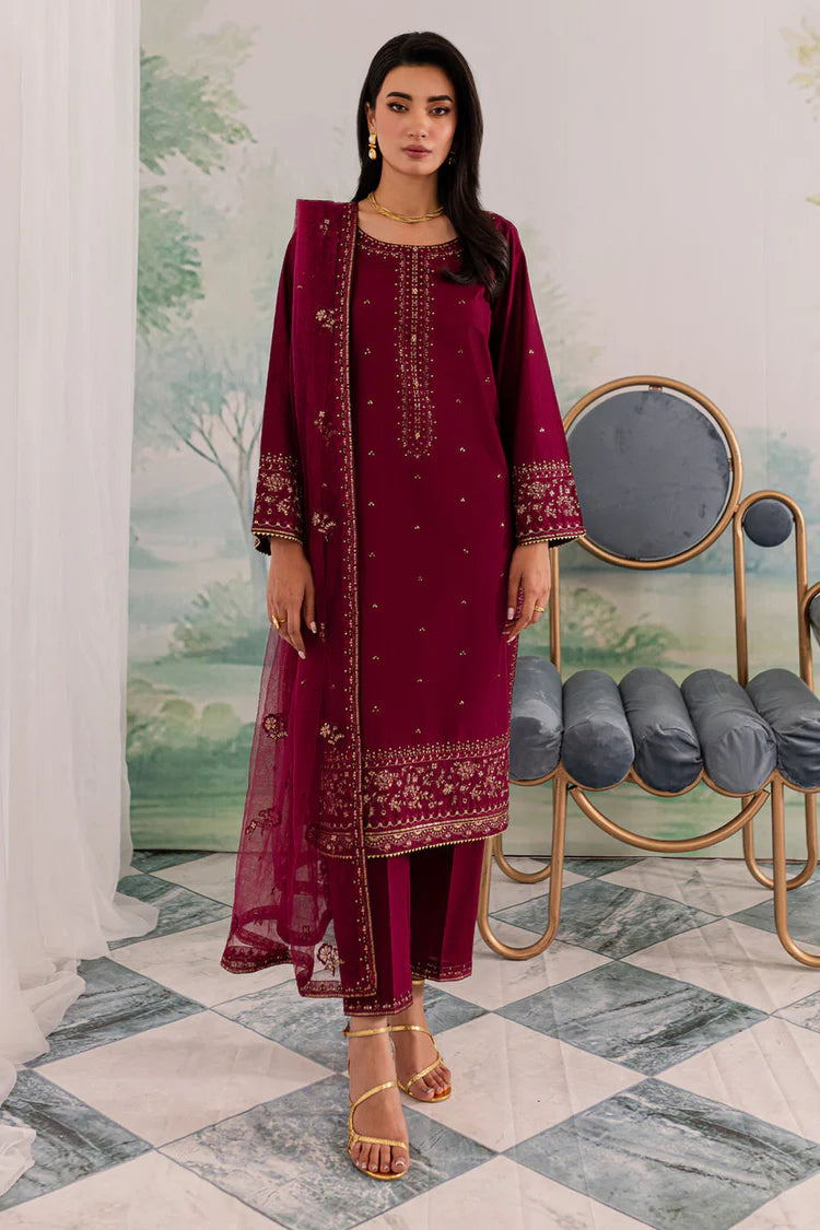 BrandsInn-3PC DHANAK EMBROIDERED SHIRT WITH CHIFFON EMBROIDERED DUPATTA AND TROUSER BI-4198
