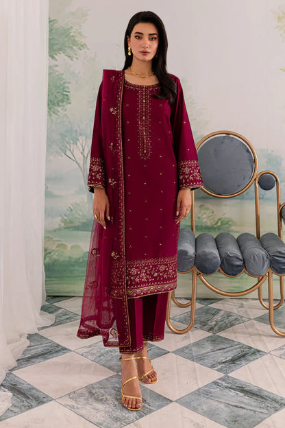 BrandsInn-3PC DHANAK EMBROIDERED SHIRT WITH CHIFFON EMBROIDERED DUPATTA AND TROUSER BI-4198