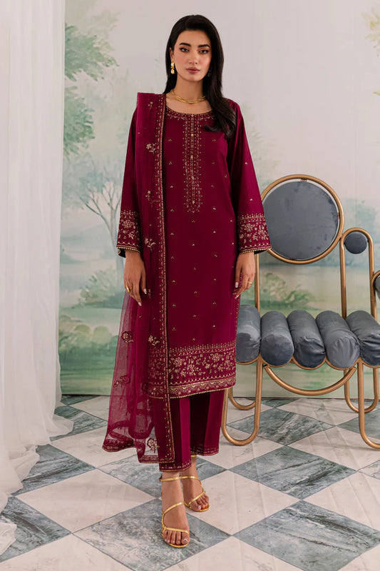 BrandsInn-3PC DHANAK EMBROIDERED SHIRT WITH CHIFFON EMBROIDERED DUPATTA AND TROUSER BI-4198