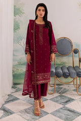 BrandsInn-3PC DHANAK EMBROIDERED SHIRT WITH ORGANZA EMBROIDERED DUPATTA AND TROUSER-BI-4198