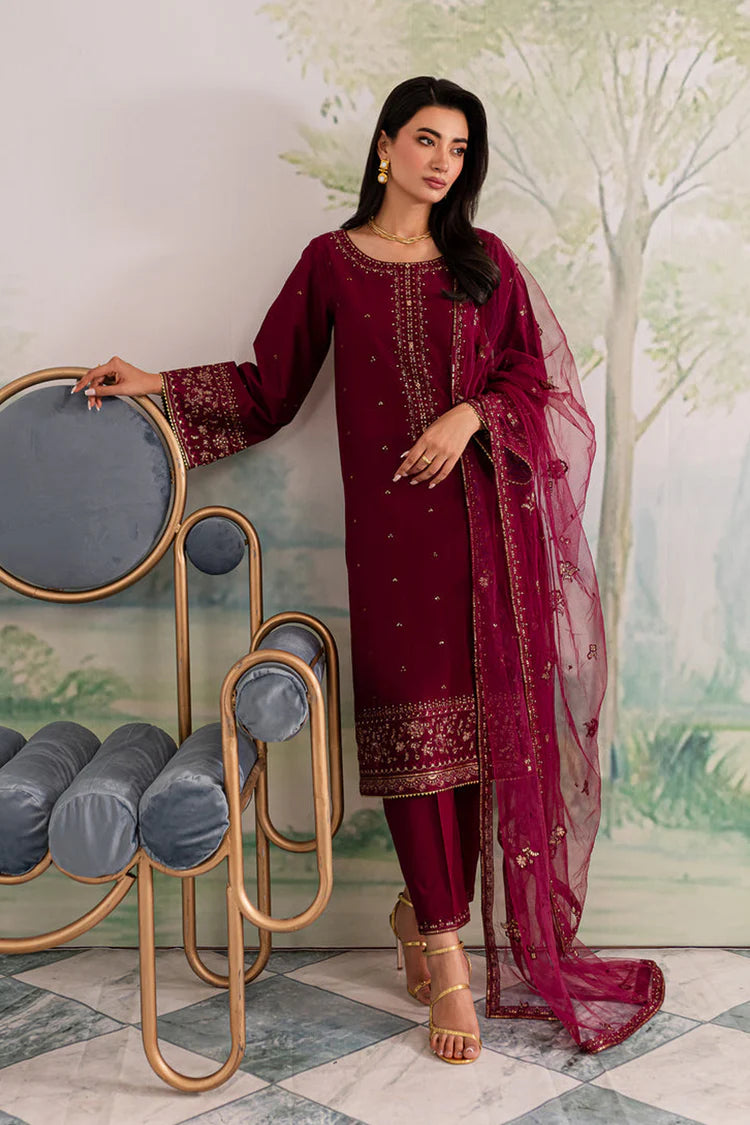 BrandsInn-3PC DHANAK EMBROIDERED SHIRT WITH CHIFFON EMBROIDERED DUPATTA AND TROUSER BI-4198