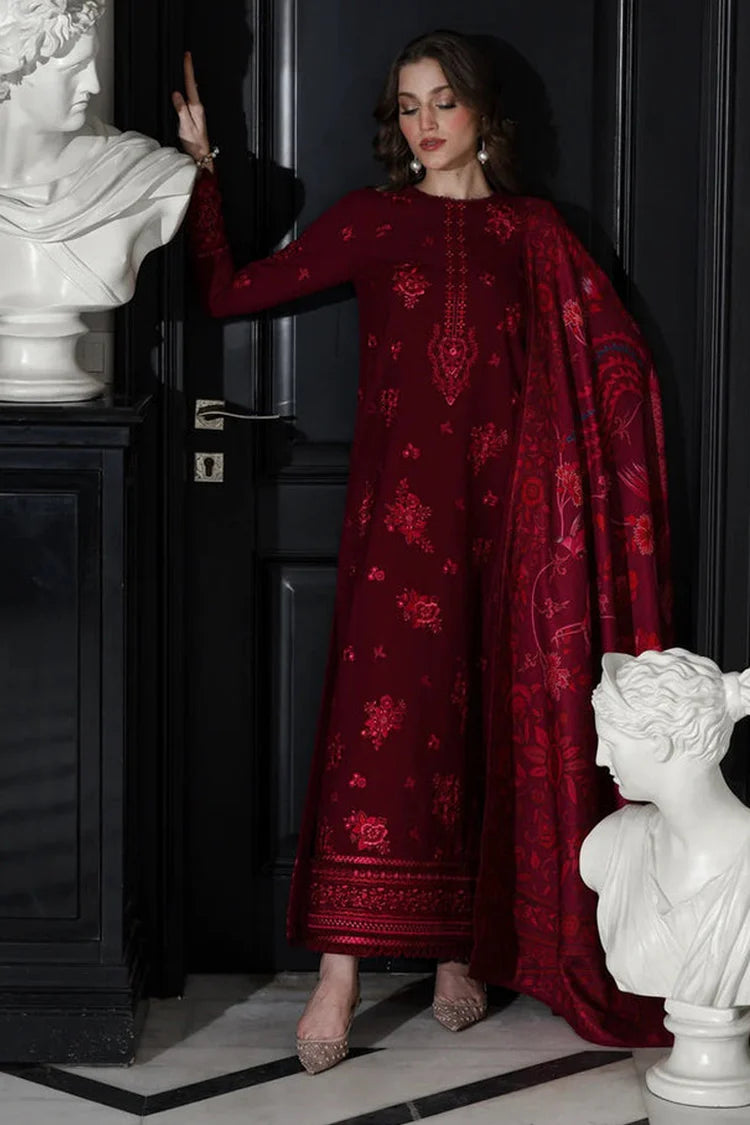 BrandsInn-3PC DHANAK EMBROIDERED SHIRT WITH COURTRAI PRINTED SHAWL & TROUSER-BI-4334