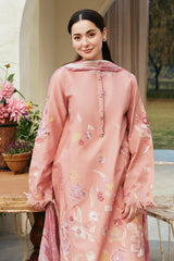 BrandsInn- 3PC DHANAK EMBROIDERED SHIRT WITH COUTRAI PRINTED SHAWL & EMB TROUSER-BI-287