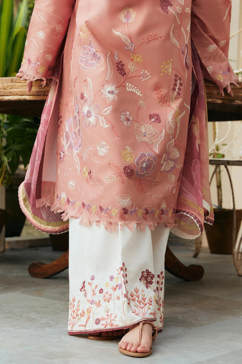 BrandsInn- 3PC DHANAK EMBROIDERED SHIRT WITH COUTRAI PRINTED SHAWL & EMB TROUSER-BI-287