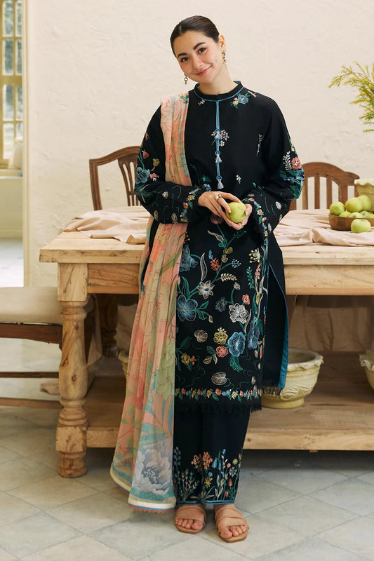BrandsInn- 3PC DHANAK EMBROIDERED SHIRT WITH COUTRAI WOOL PRINT SHAWL AND EMB TROUSER-BI-4045