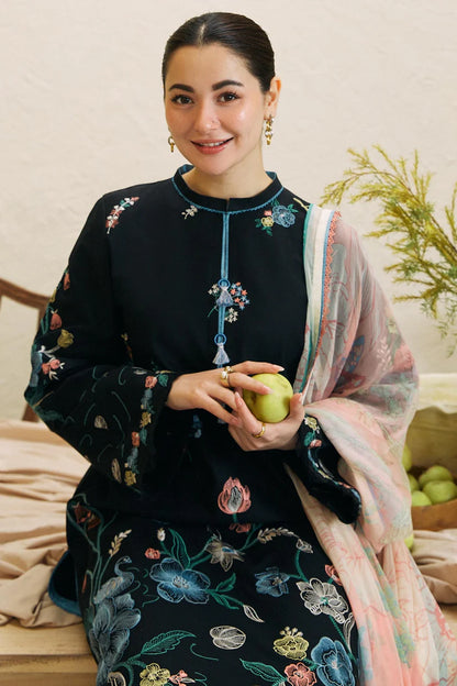 BrandsInn- 3PC DHANAK EMBROIDERED SHIRT WITH COUTRAI WOOL PRINT SHAWL AND EMB TROUSER-BI-4045
