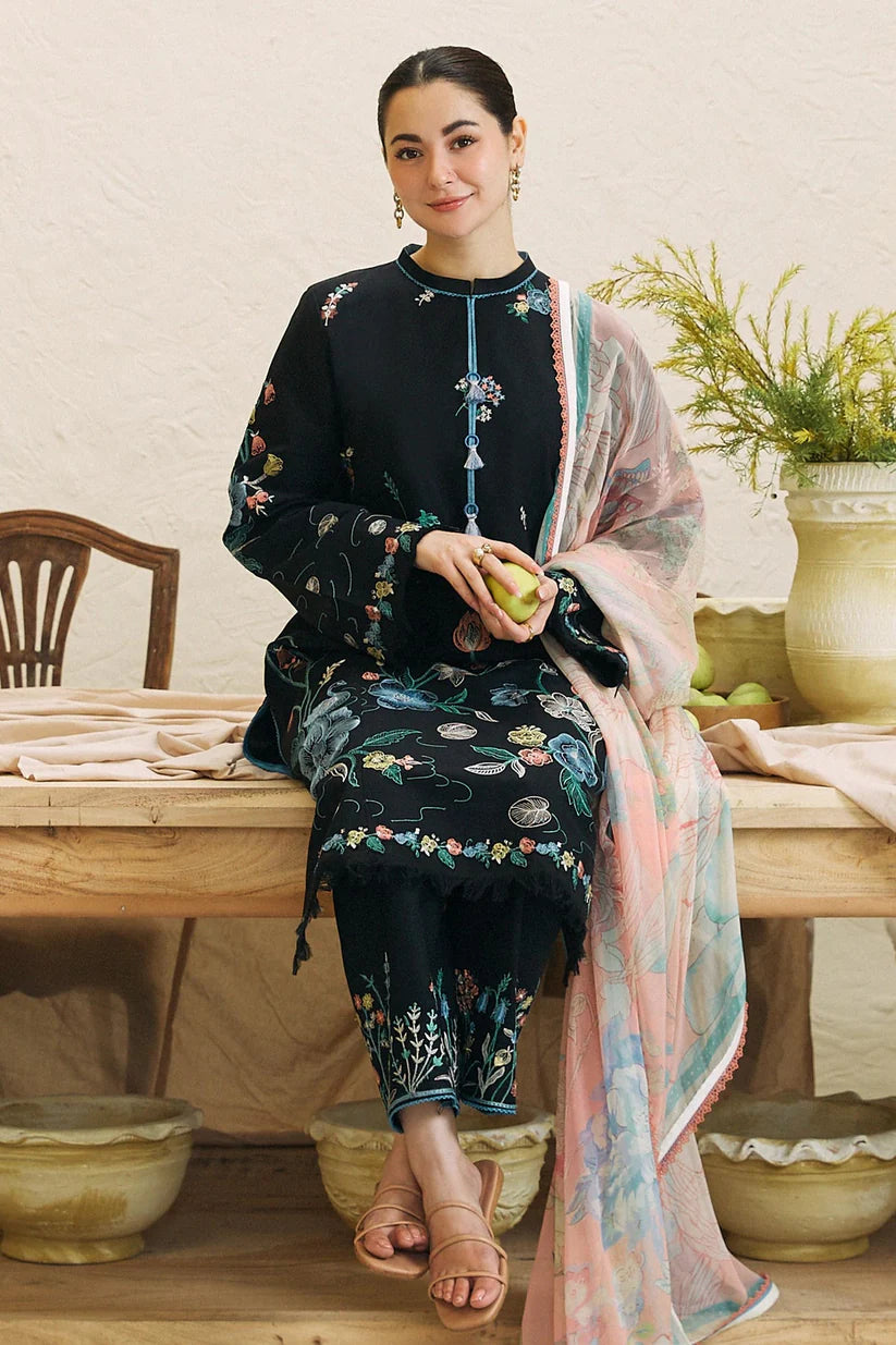 BrandsInn- 3PC DHANAK EMBROIDERED SHIRT WITH COUTRAI WOOL PRINT SHAWL AND EMB TROUSER -BI-4124