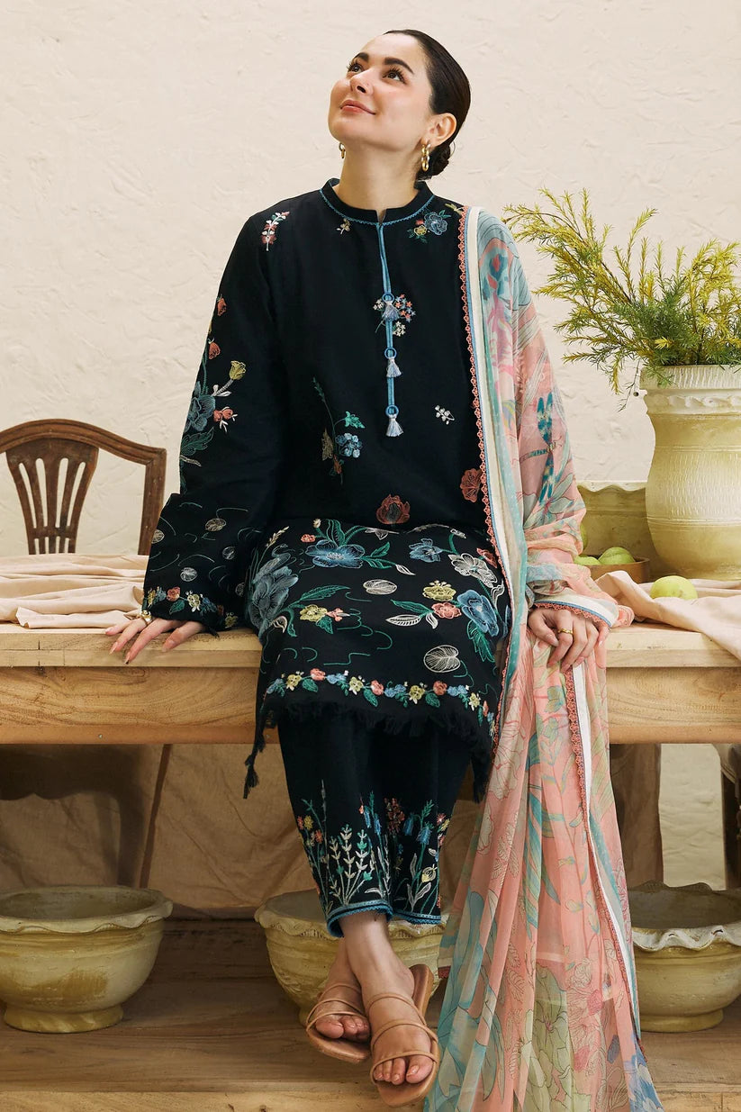 BrandsInn- 3PC DHANAK EMBROIDERED SHIRT WITH COUTRAI WOOL PRINT SHAWL AND EMB TROUSER-BI-4045