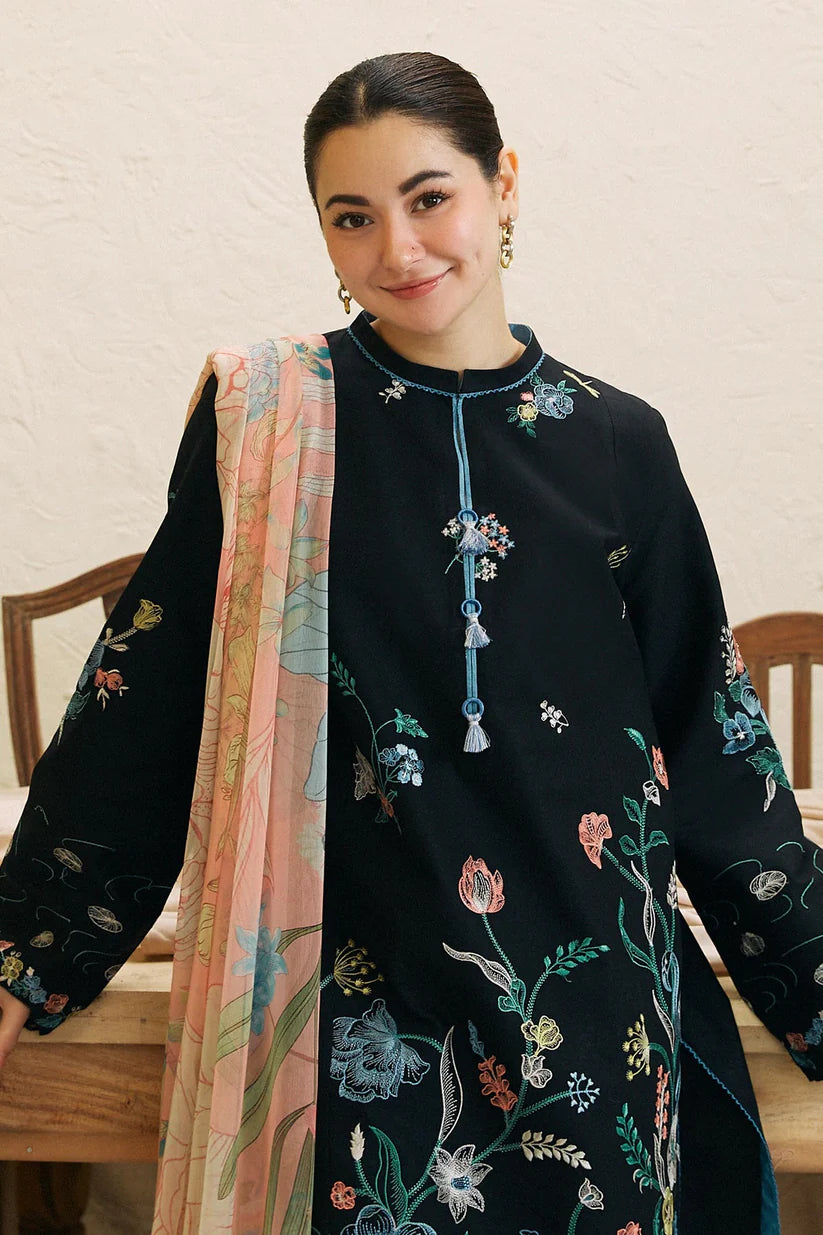 BrandsInn- 3PC DHANAK EMBROIDERED SHIRT WITH COUTRAI WOOL PRINT SHAWL AND EMB TROUSER -BI-4124